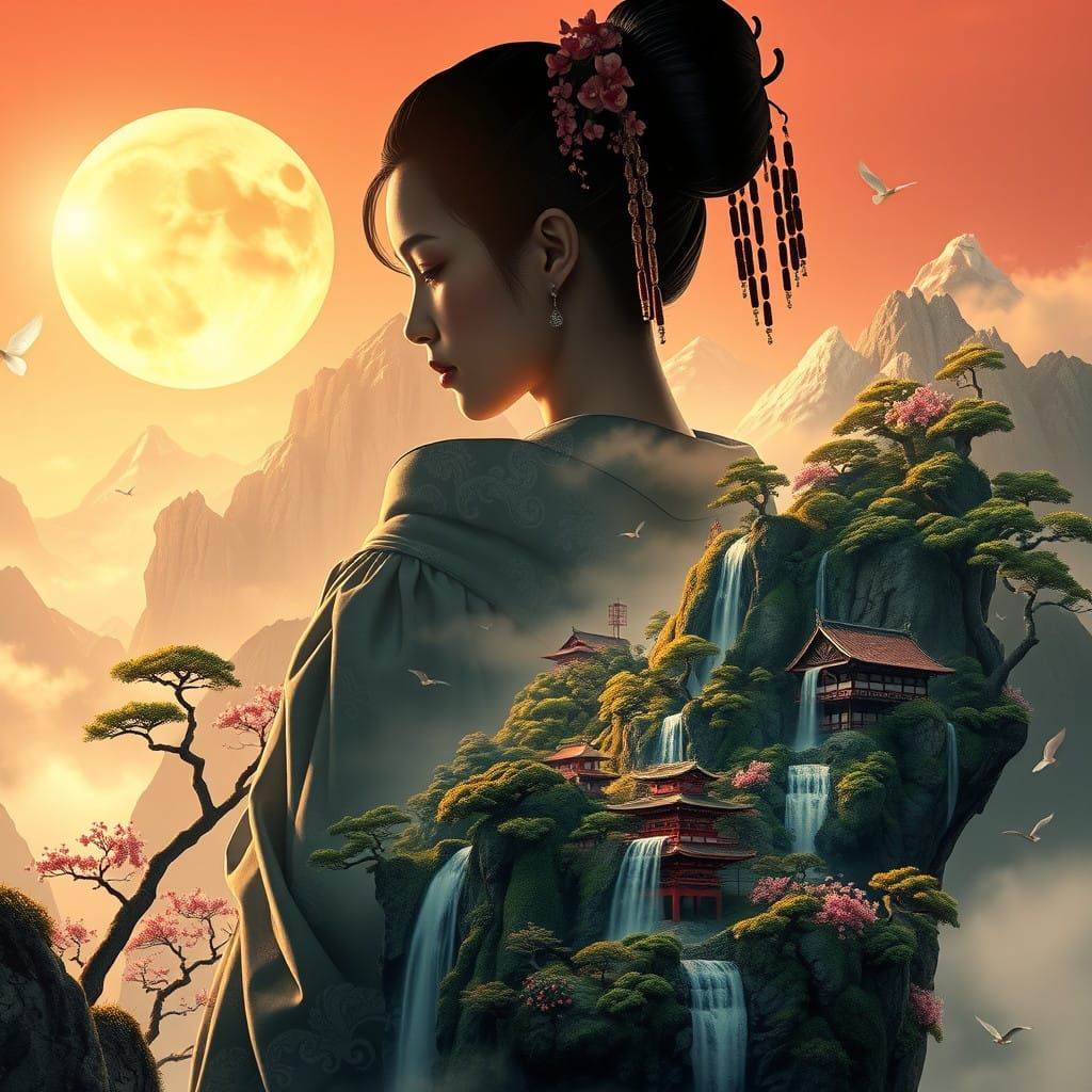 Surreal Geisha Transformed into a Japanese Landscape in Hype...