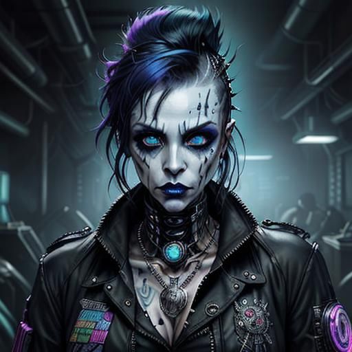 Goth Punk with Cybernetic Implants in Punk Club