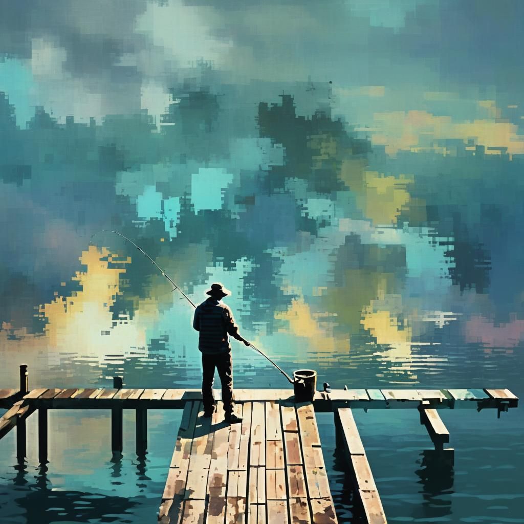 Pixelated Fisherman on Pier in Distressed Style