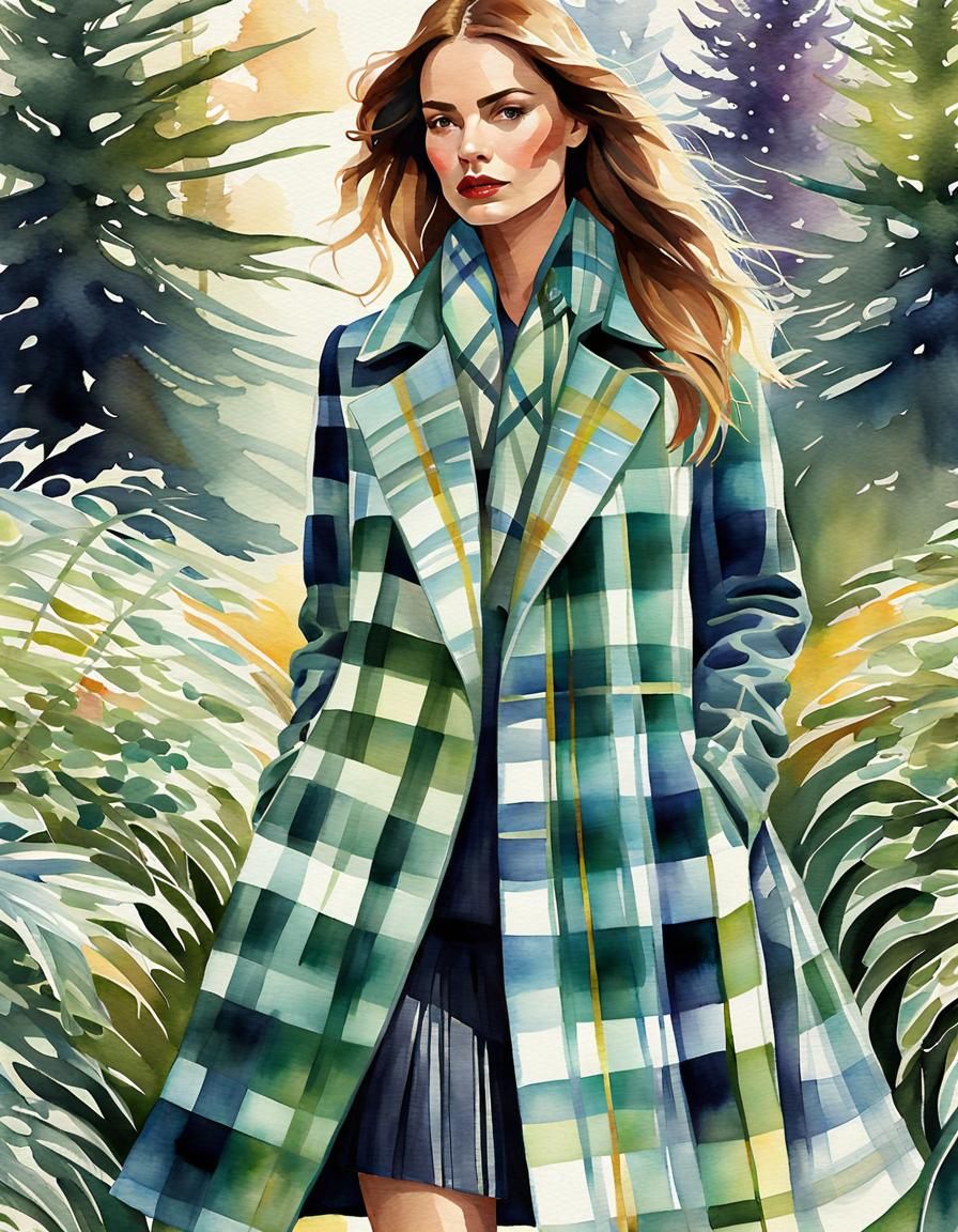Woman in Plaid Coat: Hyperdetailed Watercolor Landscape