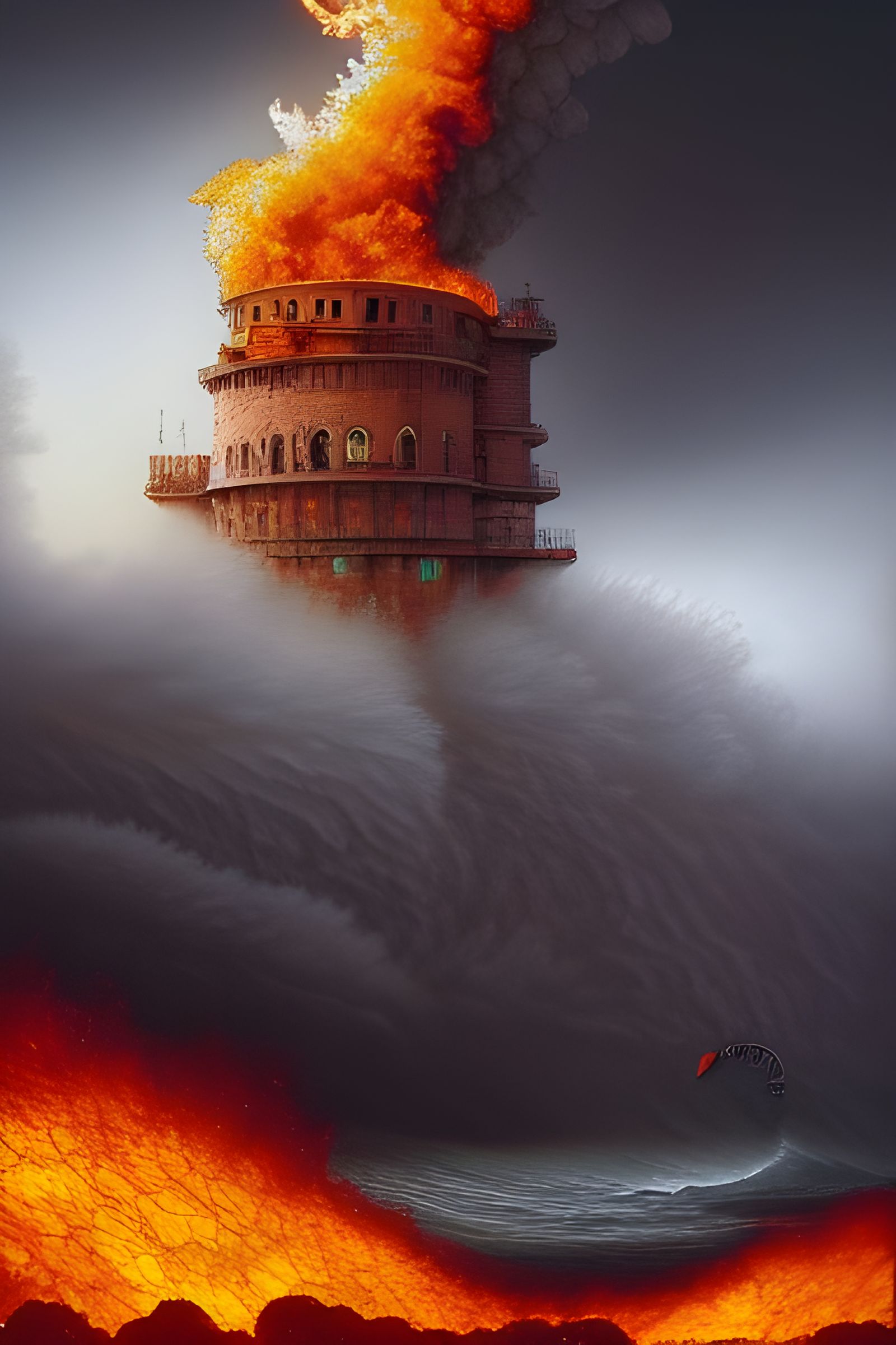 Flaming Tower Hit by Massive Wave: Cyberpunk Art