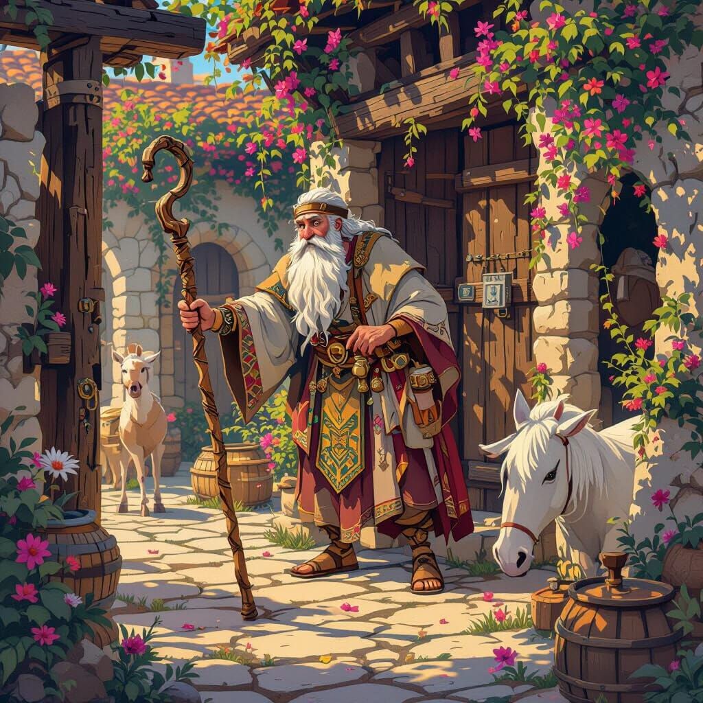 Wise Old Greek Man With Flowing Beard and Staff