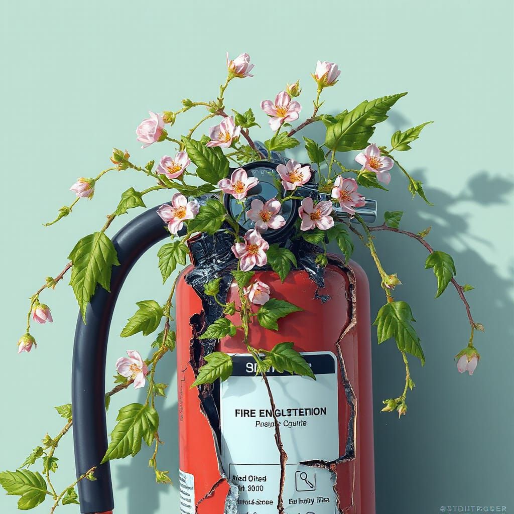 Nature Reclaims: Vines Bloom From Broken Fire Extinguisher