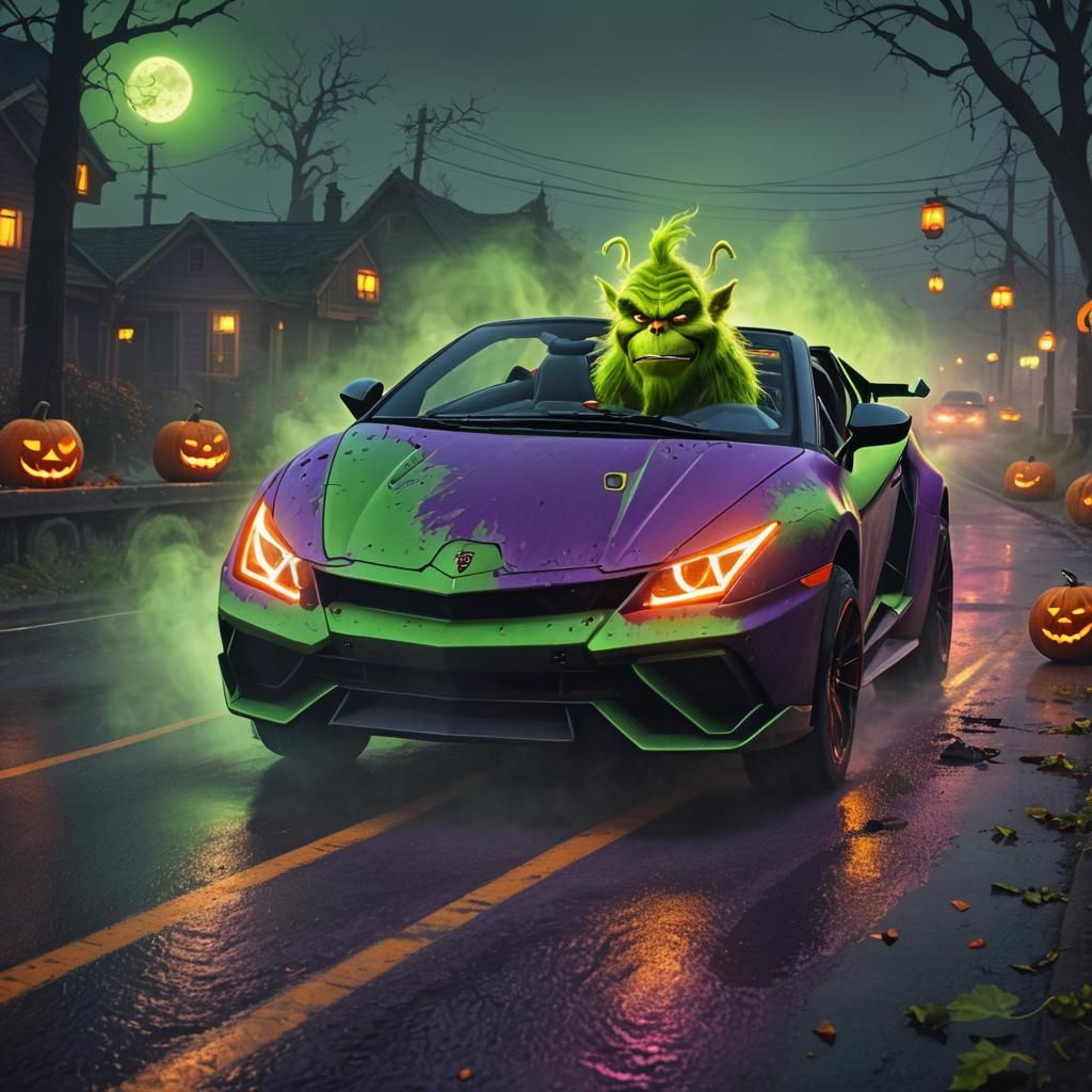 Grinch Drives Lamborghini in Halloween Fantasy Art