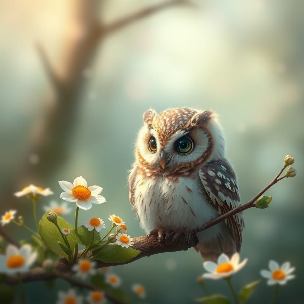 Whimsical Baby Owl in Springtime Wonderland