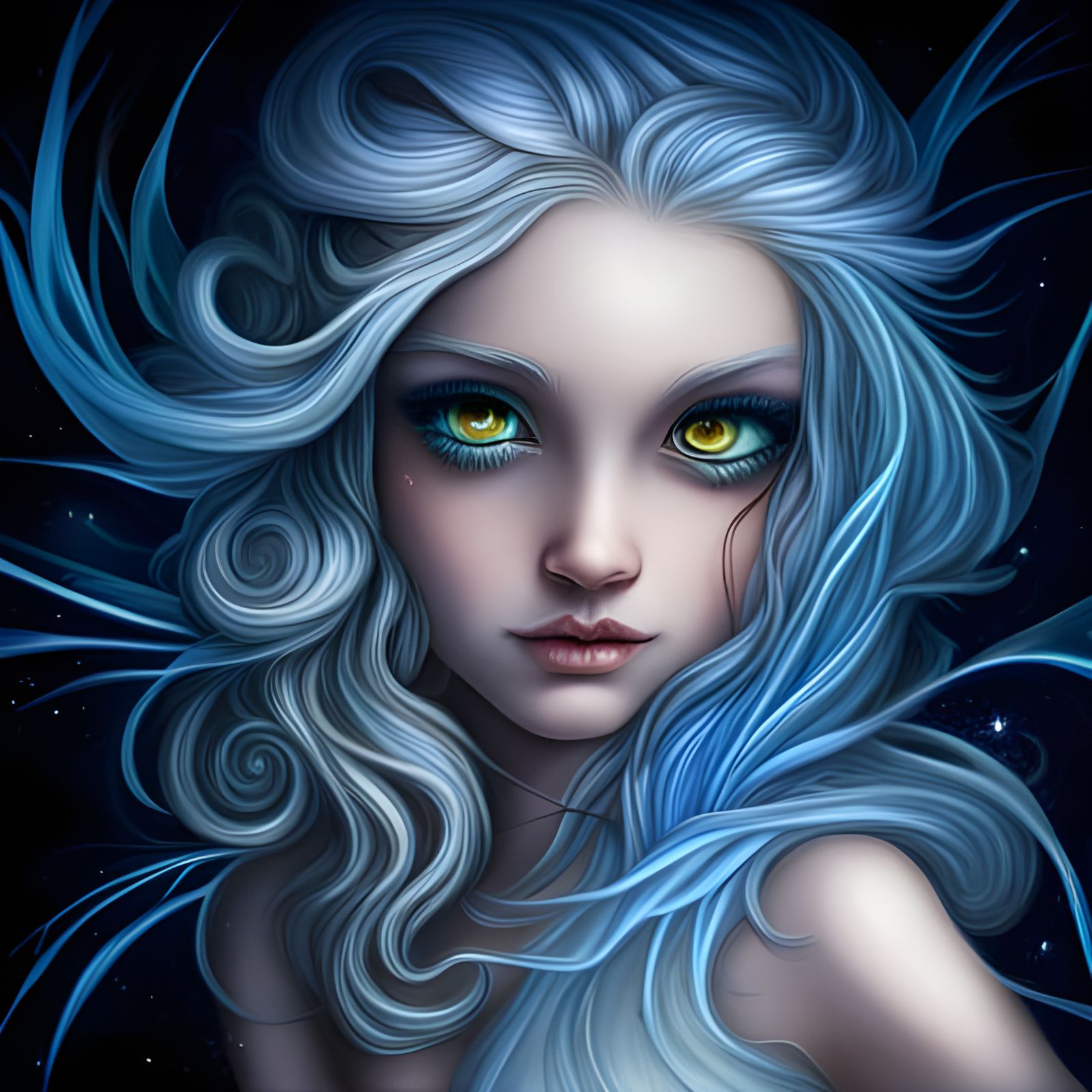 Blue Fairy Portrait with Fireflies and Liquid Metal