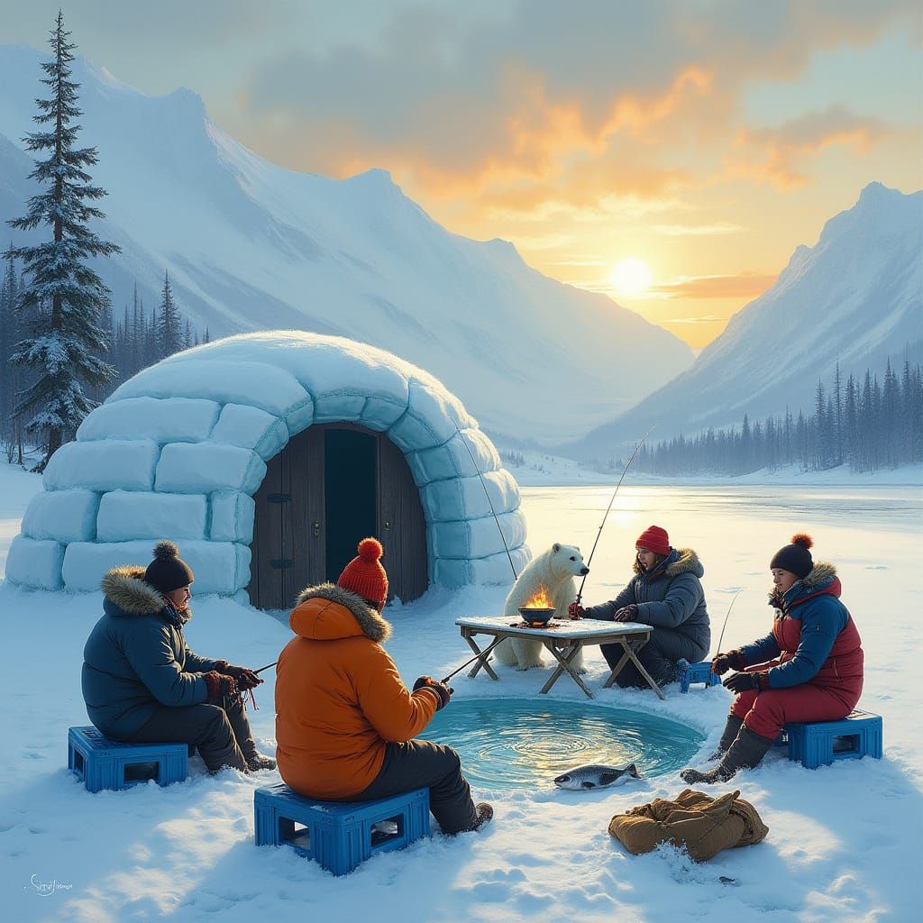 Winter Campers Enjoy Ice Fishing on Alaskan Lake with Igloo