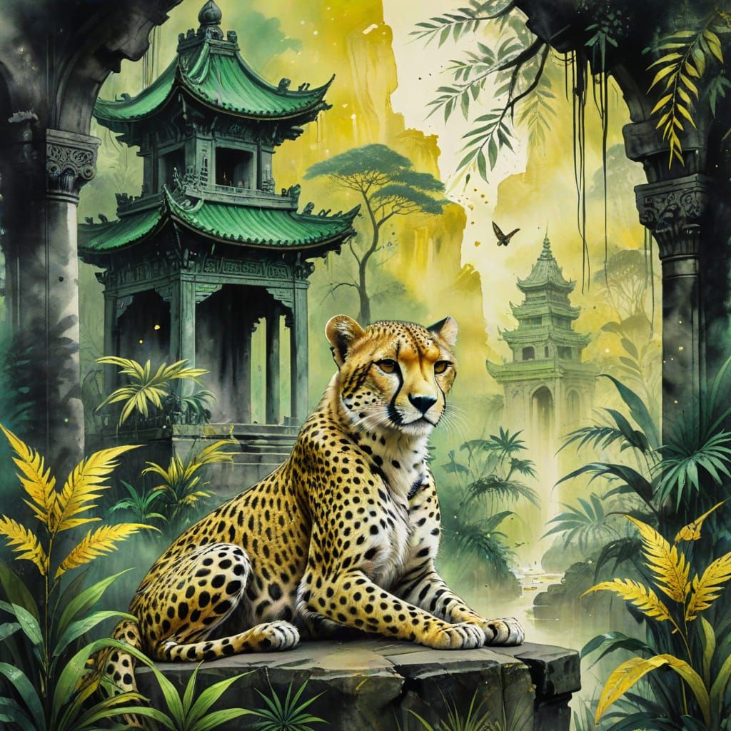 Cheetah and Temple in Chinese Ink Painting Style