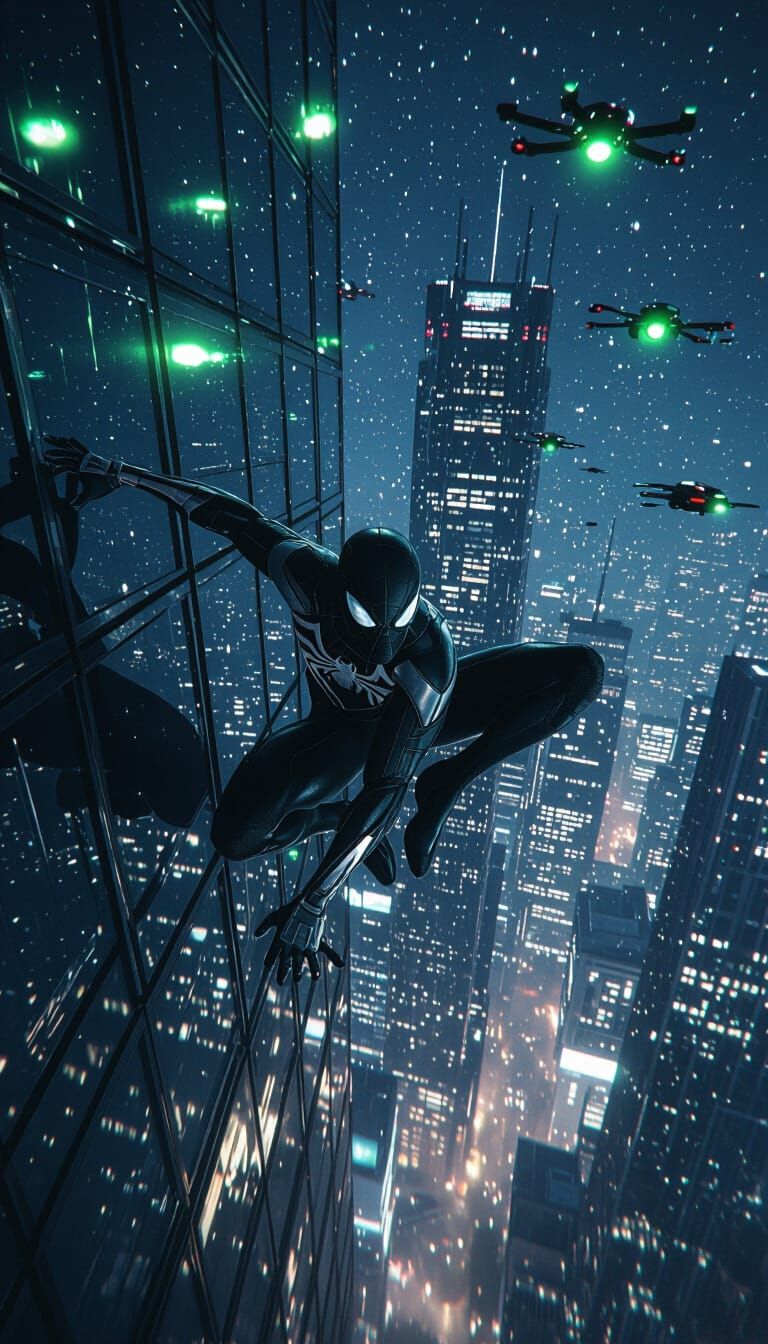 Spider-Man Stealth Suit on Futuristic Skyscraper