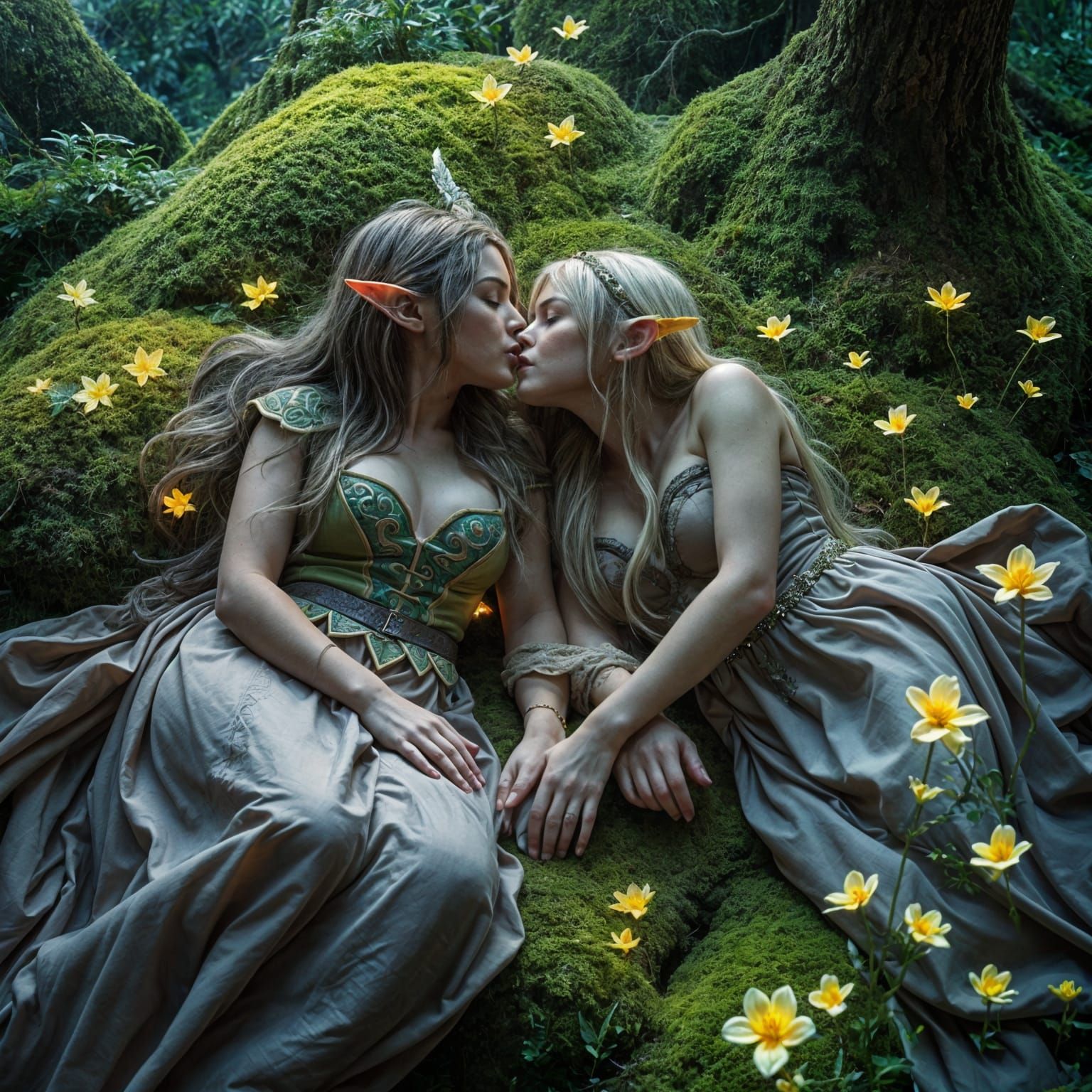 Lesbian Elves Kissing in Enchanted Forest