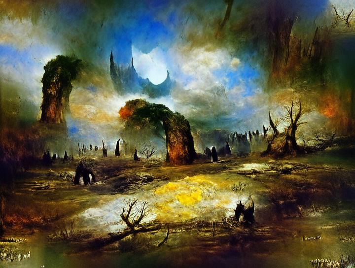 Dark Fantasy Battlefield Landscape in Romantic Style