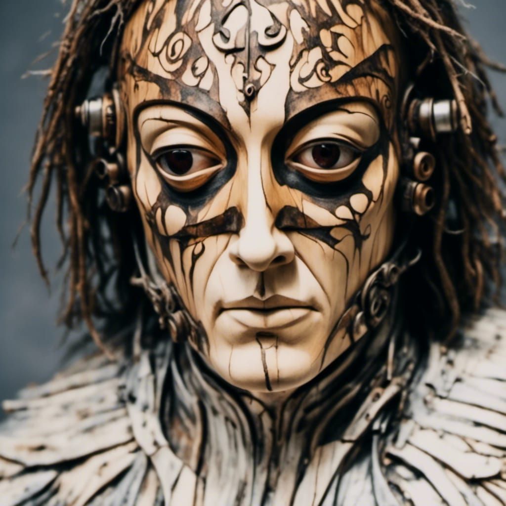 Mystical Face with Glowing Runes and Wooden Mask