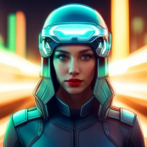 Cyborg Girl Portrait in Neon Cityscape