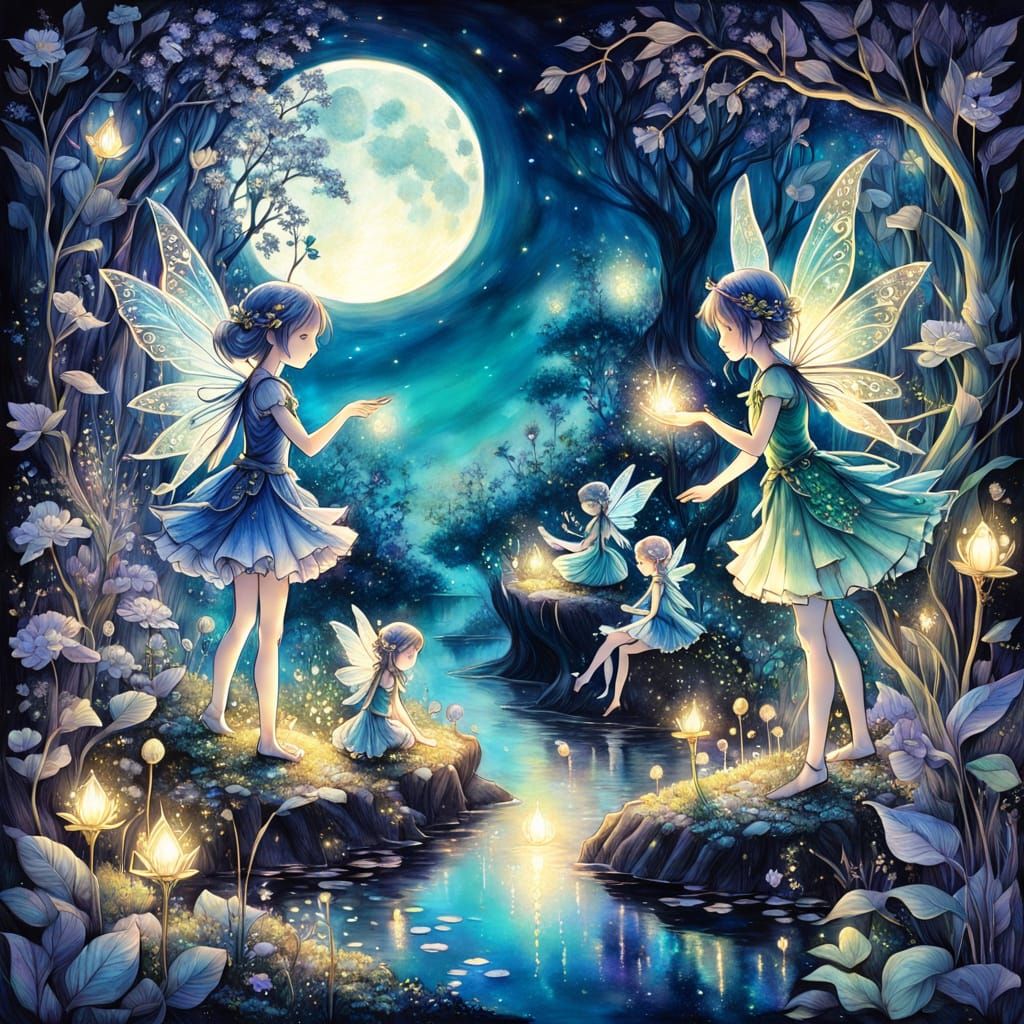 Fairies in Fairy Garden Charcoal Drawing