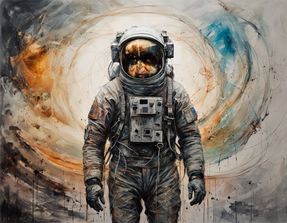 Astronaut on Alien Planet with Nebula, Ink Art