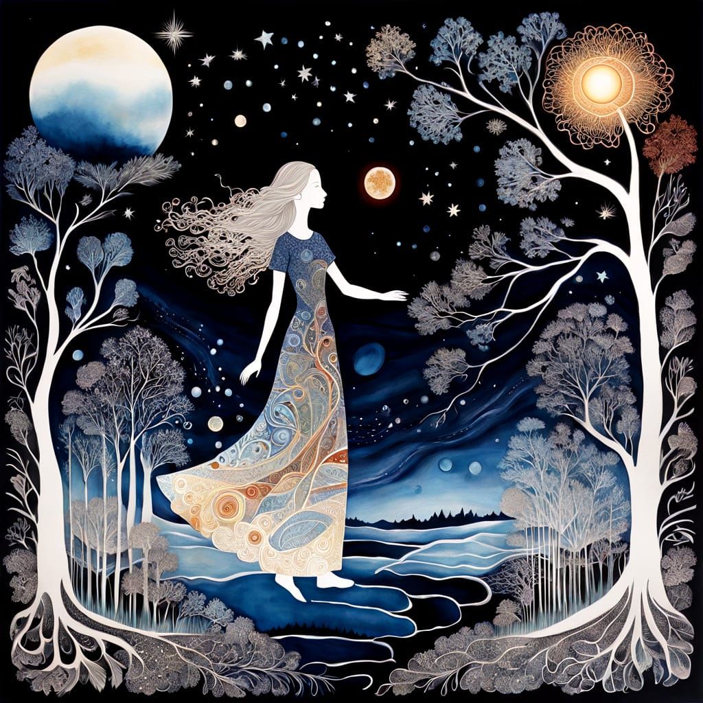 Celestial River Journey in Watercolor Style