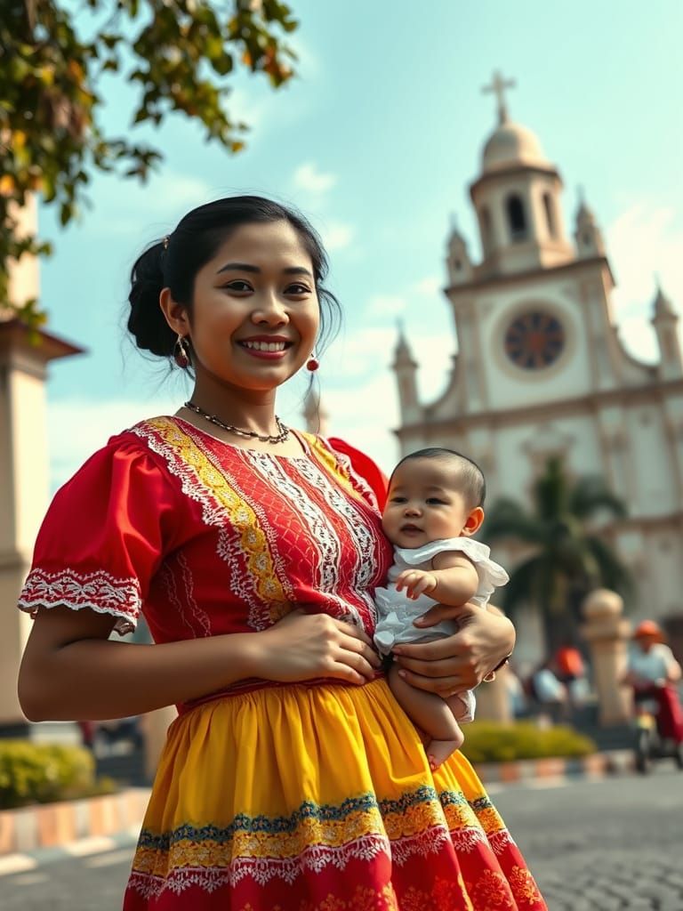 Filipina Woman with Baby in Traditional Dress