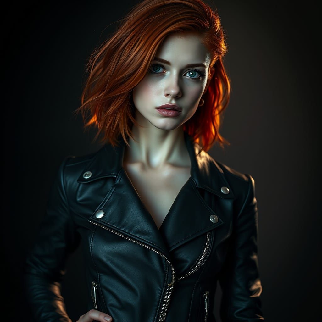 Stunning Red-Haired Woman in Bold Leather Attire
