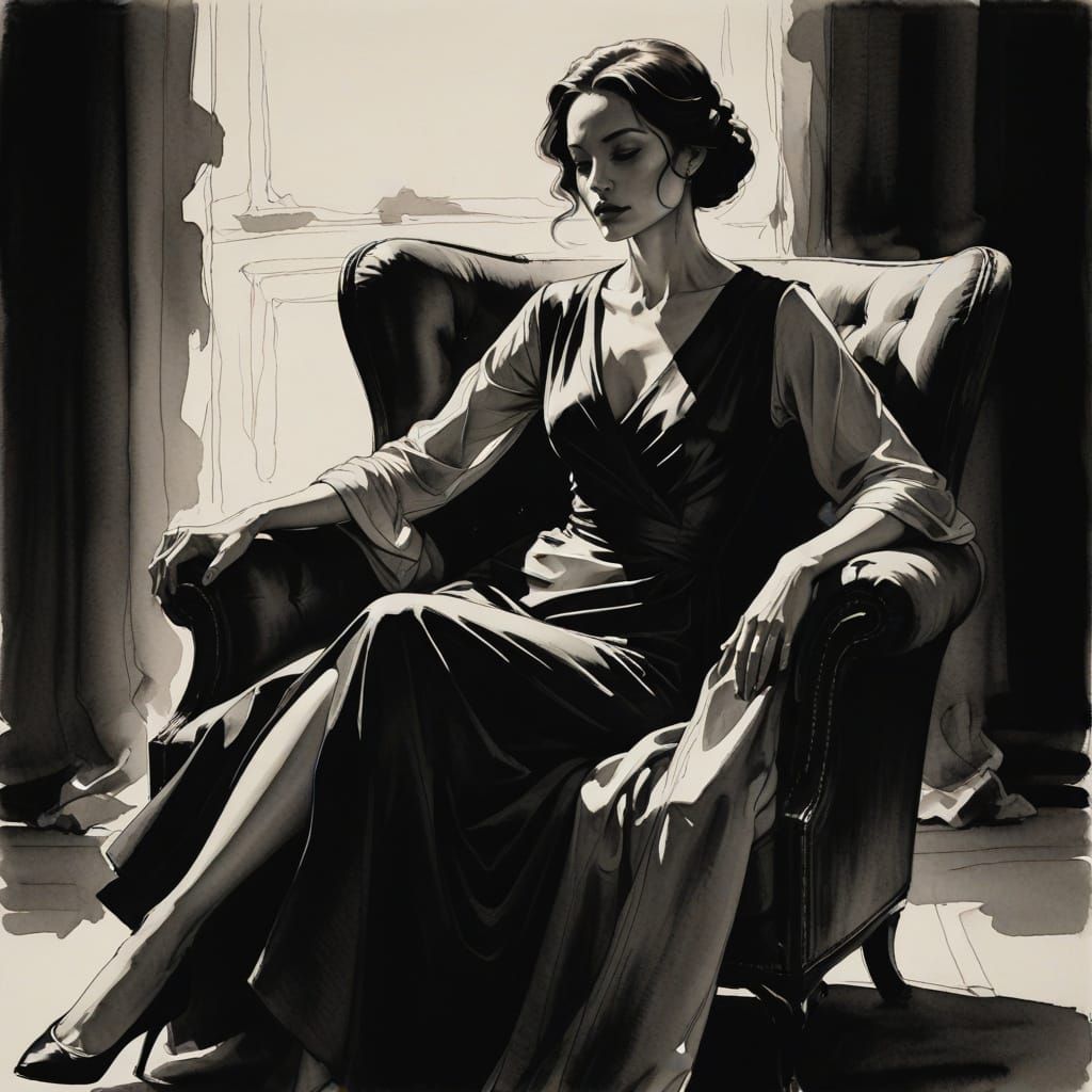 Elegant Woman Reclining in Armchair: Black and White Ink Was...
