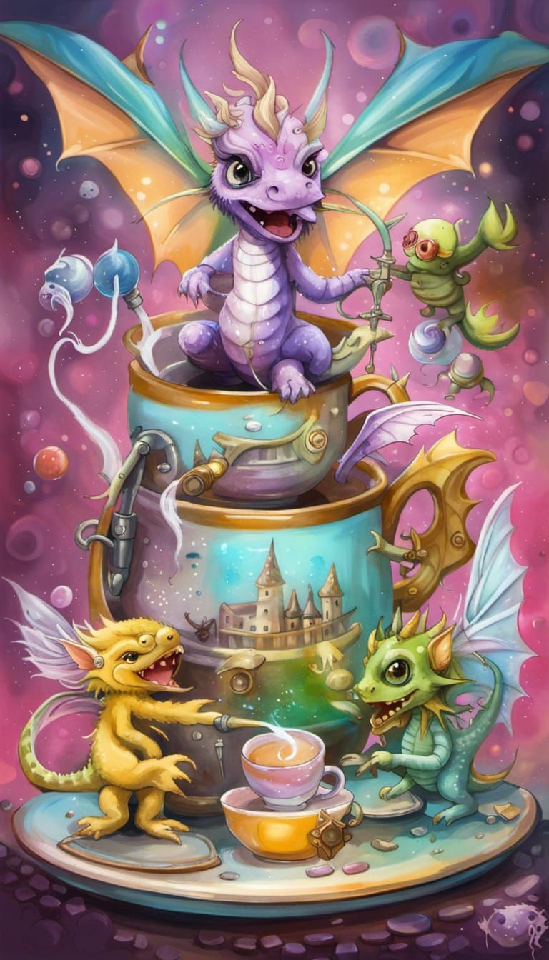Pastel Dragon and Pixies at Steampunk Tea Party