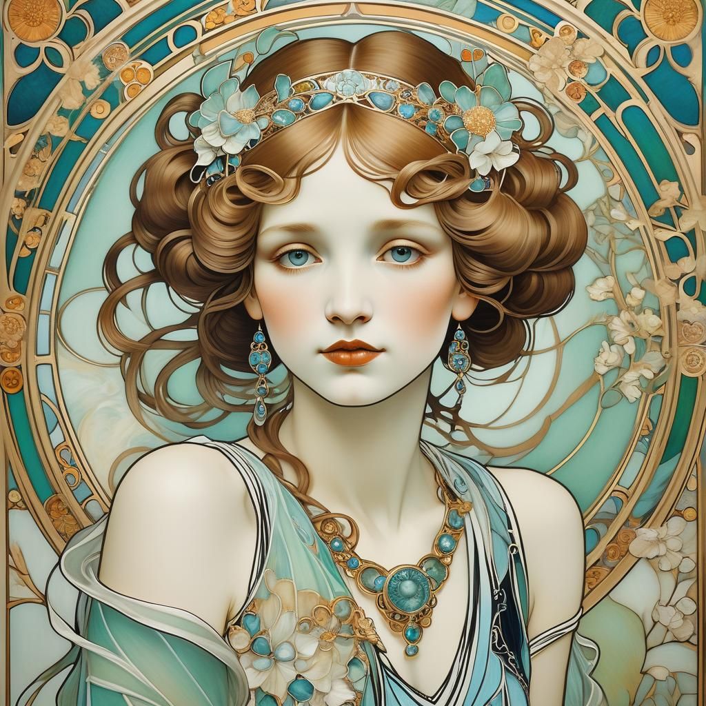 portrait of a woman in the style of Mucha and Lalique and Beardsley and Klimt