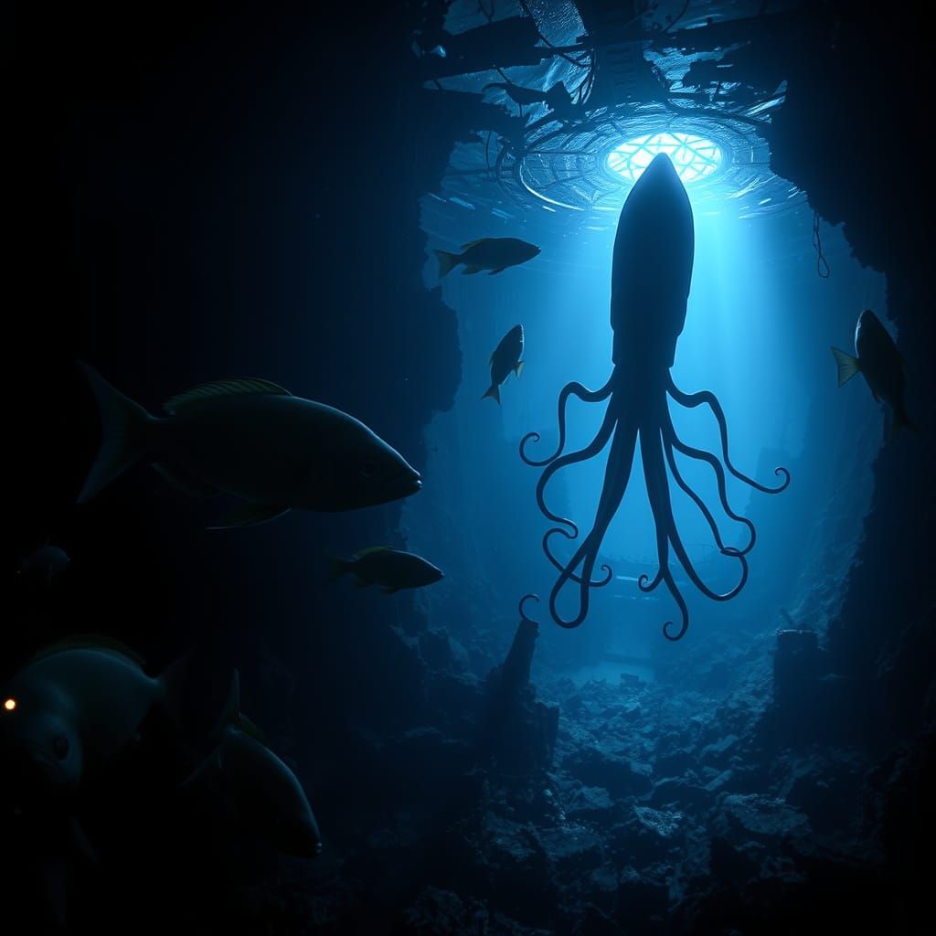 Deep Sea Realism: Giant Squid Emerging from the Shadows