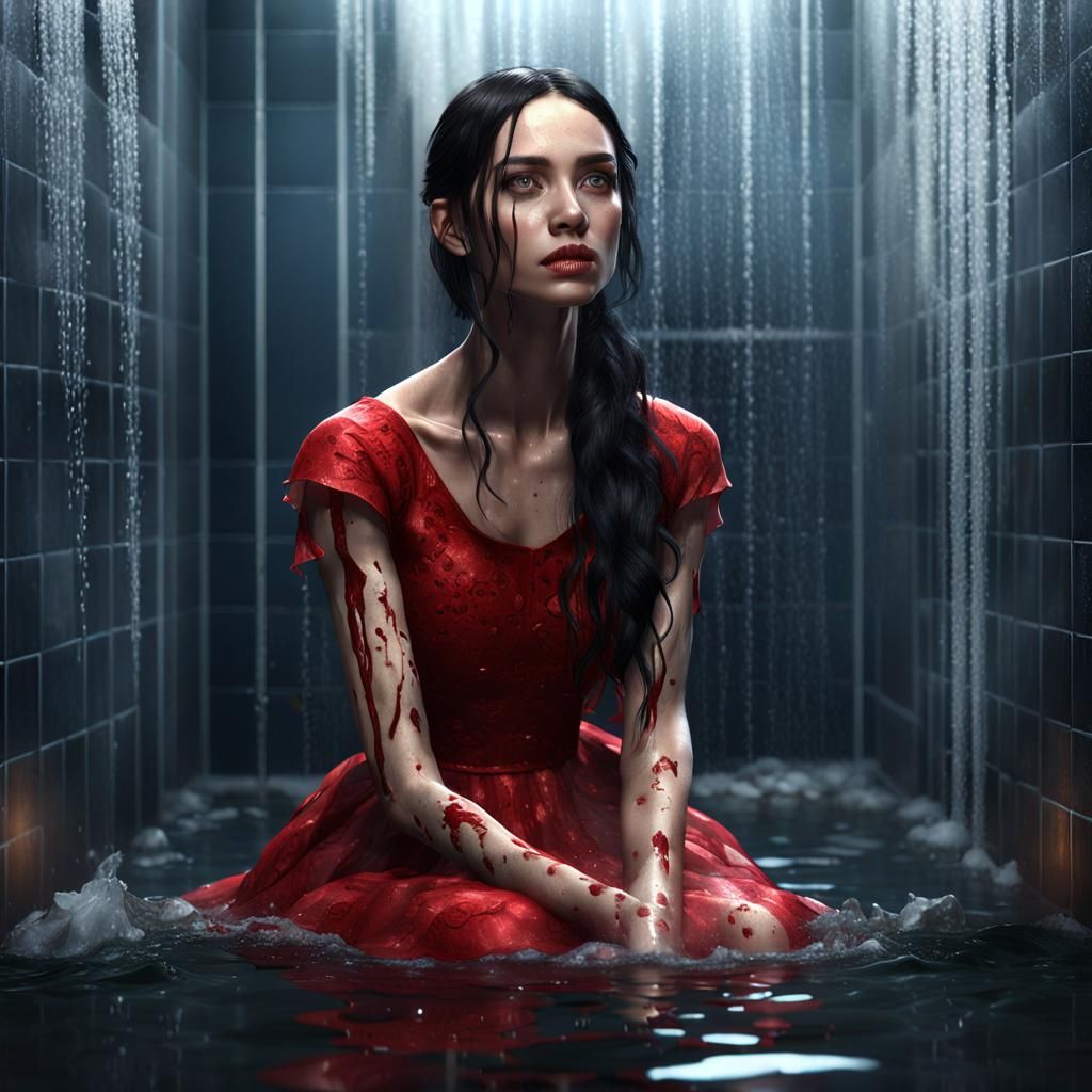 Surreal Shower Scene with a Pale Beauty