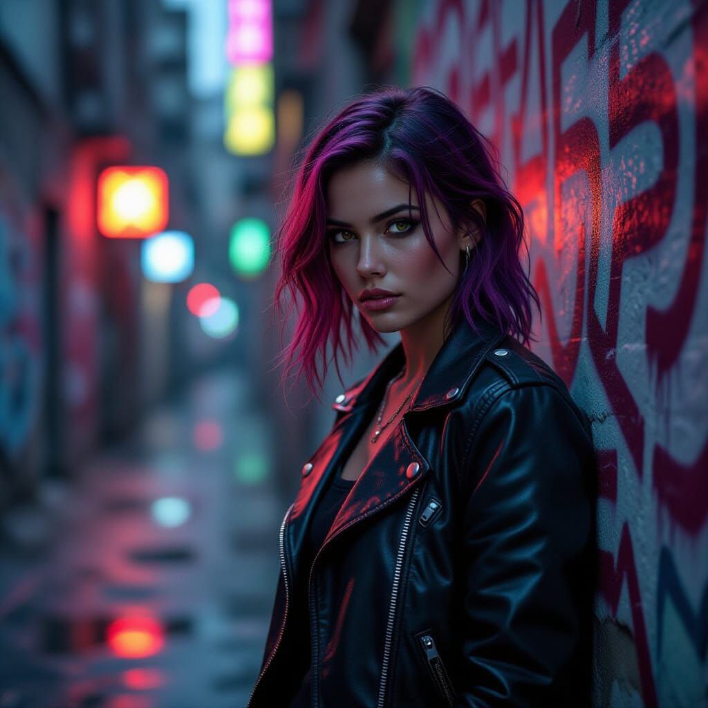 Rebellious Woman in Cyberpunk Alley with Neon Reflections