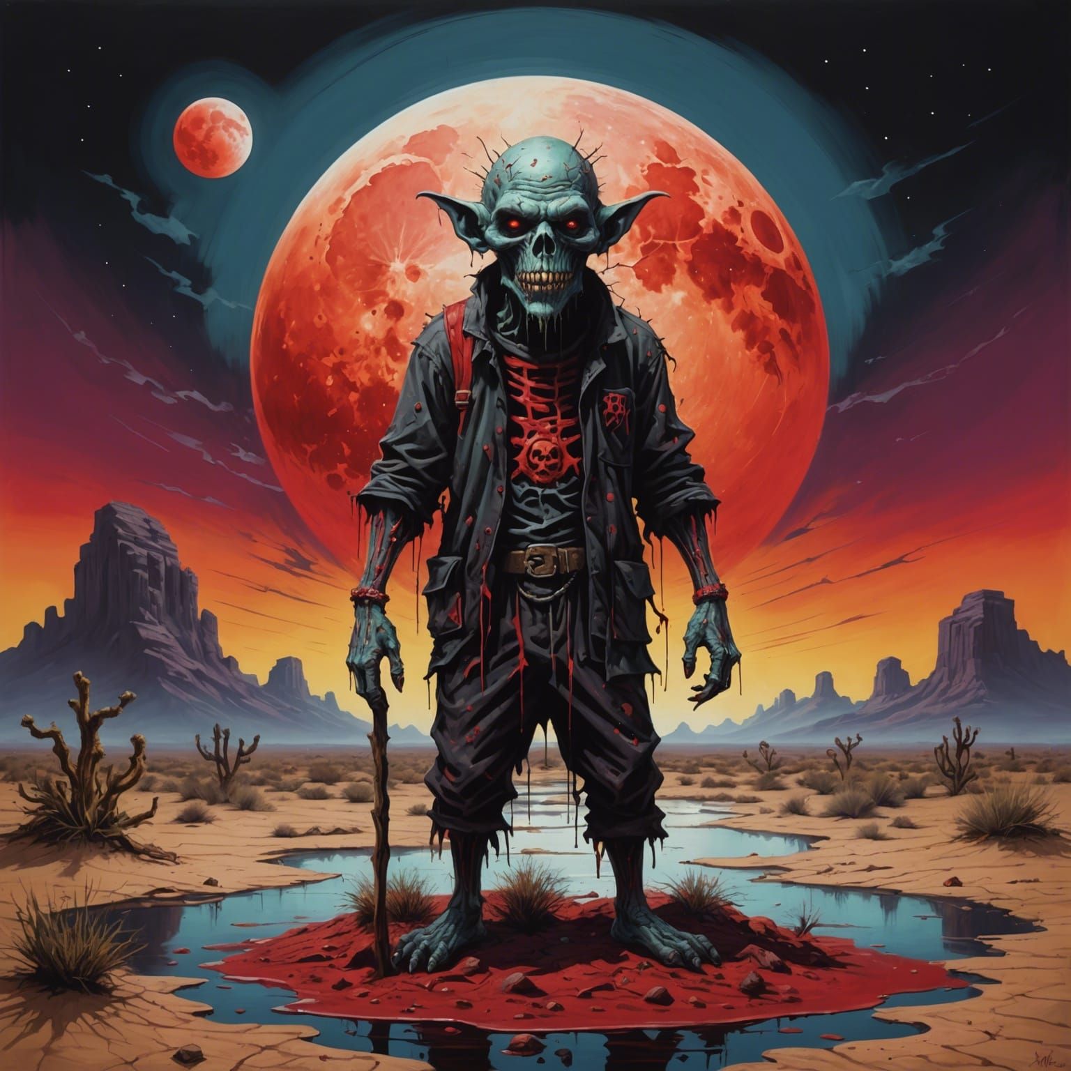 Grotesque Ghoul Portrait on Desert Island in Graffiti Style