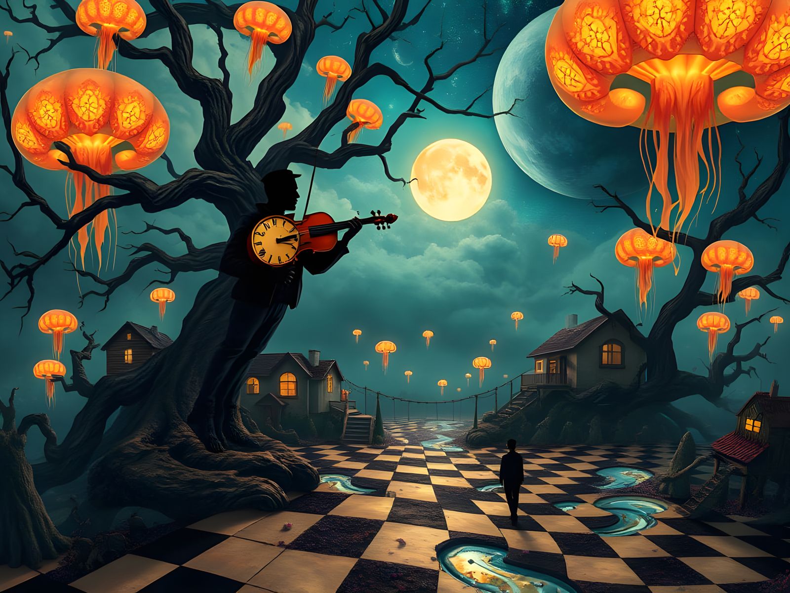 Surreal Dreamscape with Floating Jellyfish & Upside-Down Hou...