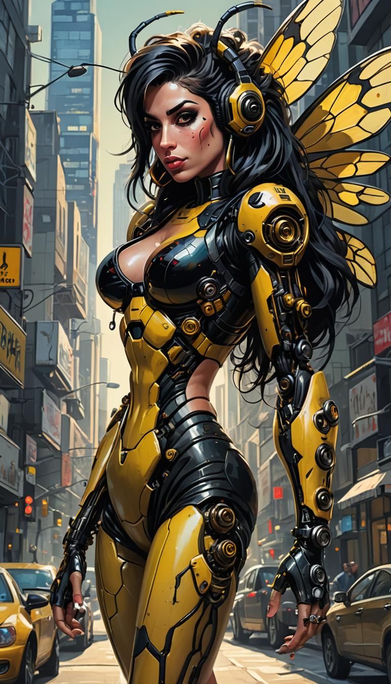 Stunning Cyberpunk Bee Girl in Delicate, Beautiful Sunlit Sc...