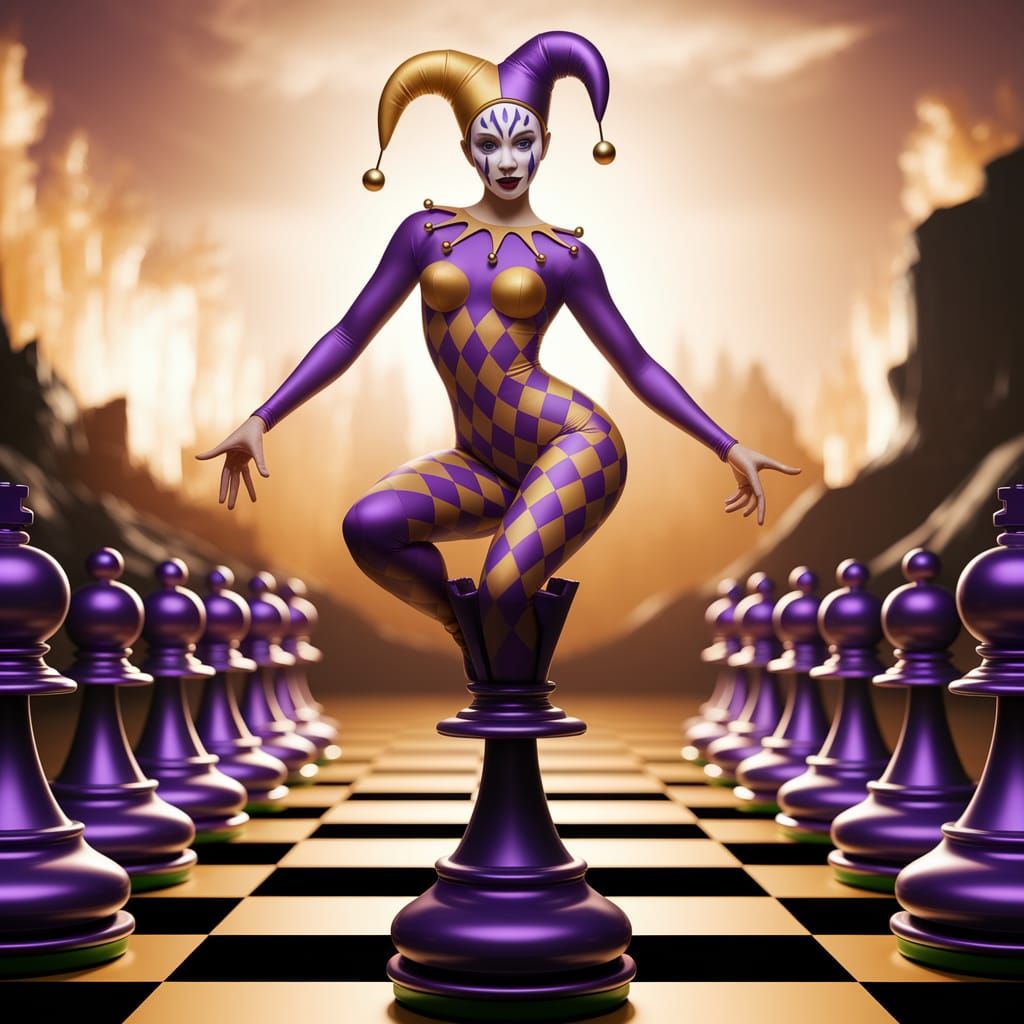 Jester Woman Balances on Chess Piece in Surreal Landscape