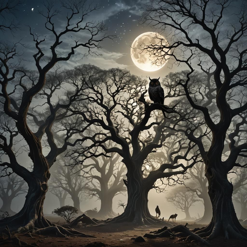 Moonlit Clearing with Ethereal Vortex, Holographic Illustrat...