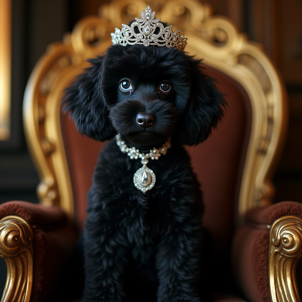 Black Toy Poodle with Tiara in Art Deco Style