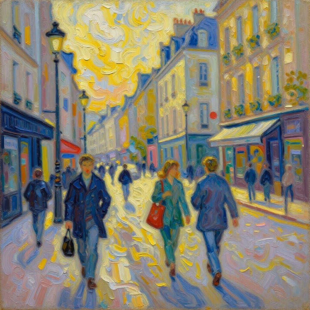 Parisian Street Scene in Neo-Impressionist Oil Painting Styl...