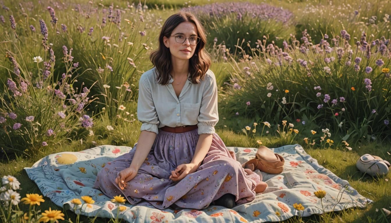A dutch brunette lady in her 30s wearing glasses, a flowy sk...