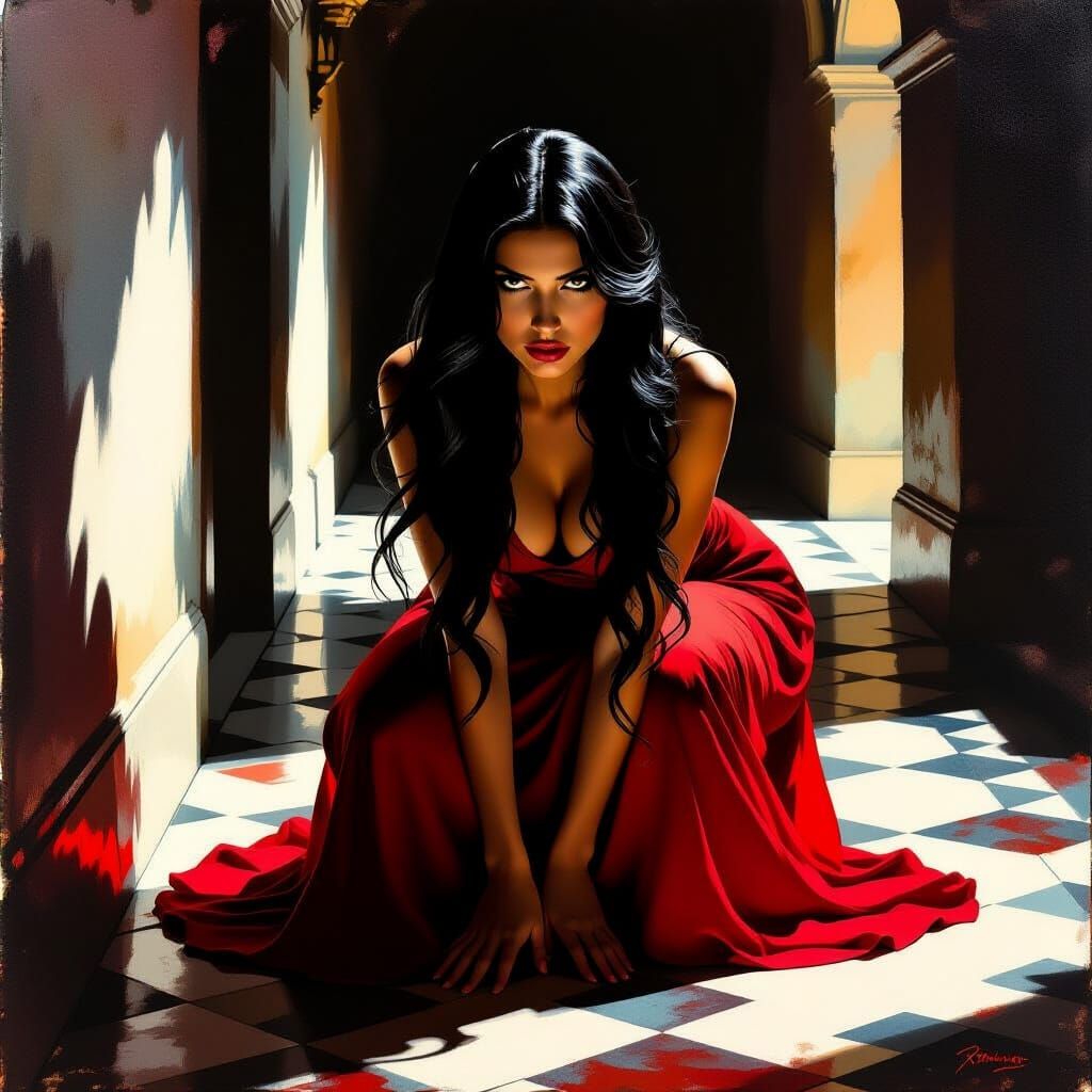 Mysterious Woman in Red Dress Under Chiaroscuro Light