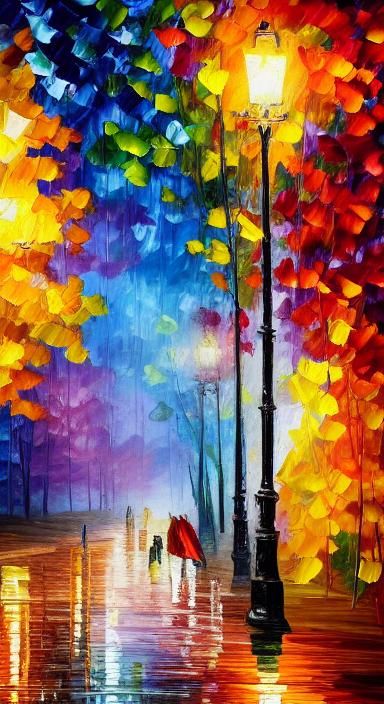 Rainy Autumn Park Alley in Neo-Impressionist Style