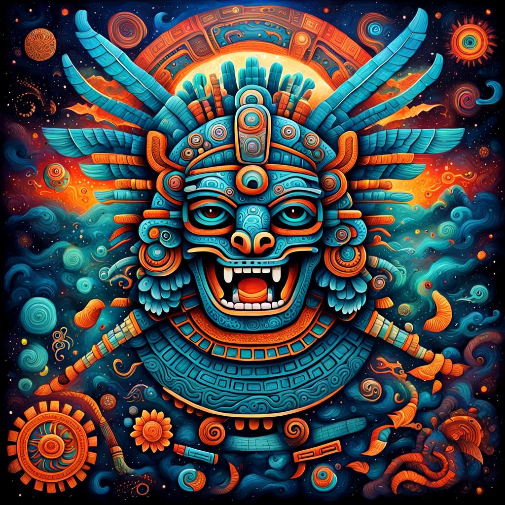 Aztec Deities Mural Art with Bioluminescent Galaxy
