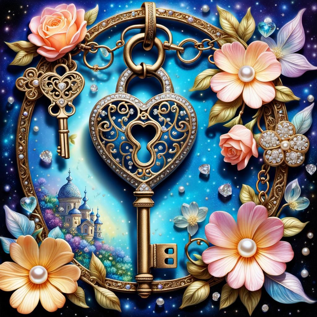Ornate Key and Heart Padlock with Sparkling Floral