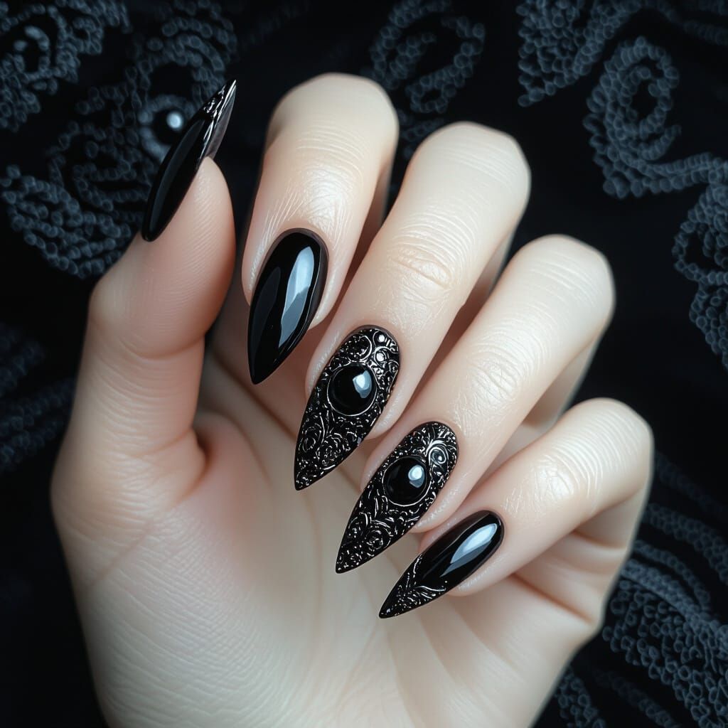 Gothic Manicure with Black Pearl Powder in Futuristic Realis...