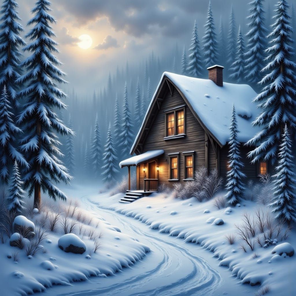 Cozy Cabin in Moonlit Winter Wonderland