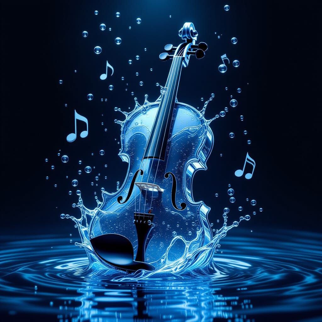 Crystal Water Violin with Musical Bubbles in Dark Void