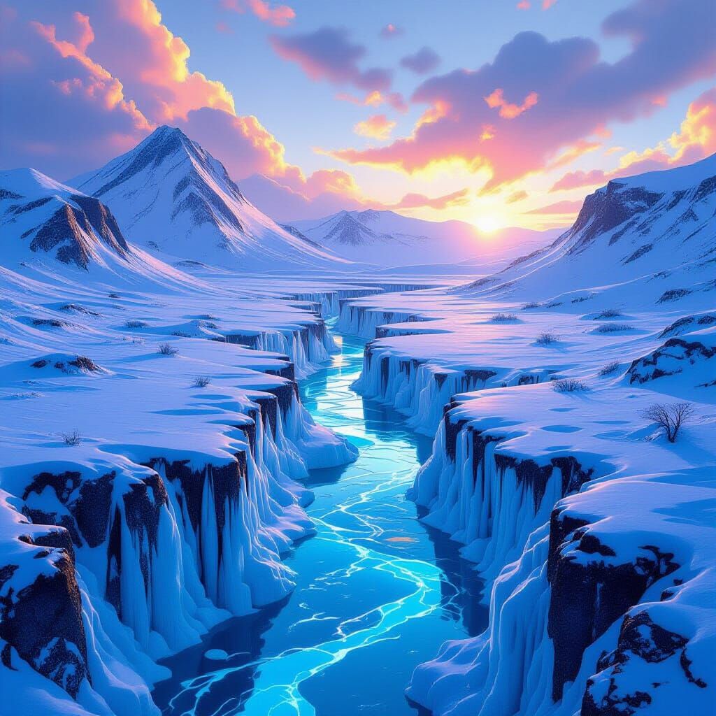 Icy River Through Volcanic Valley, in a Surreal Style