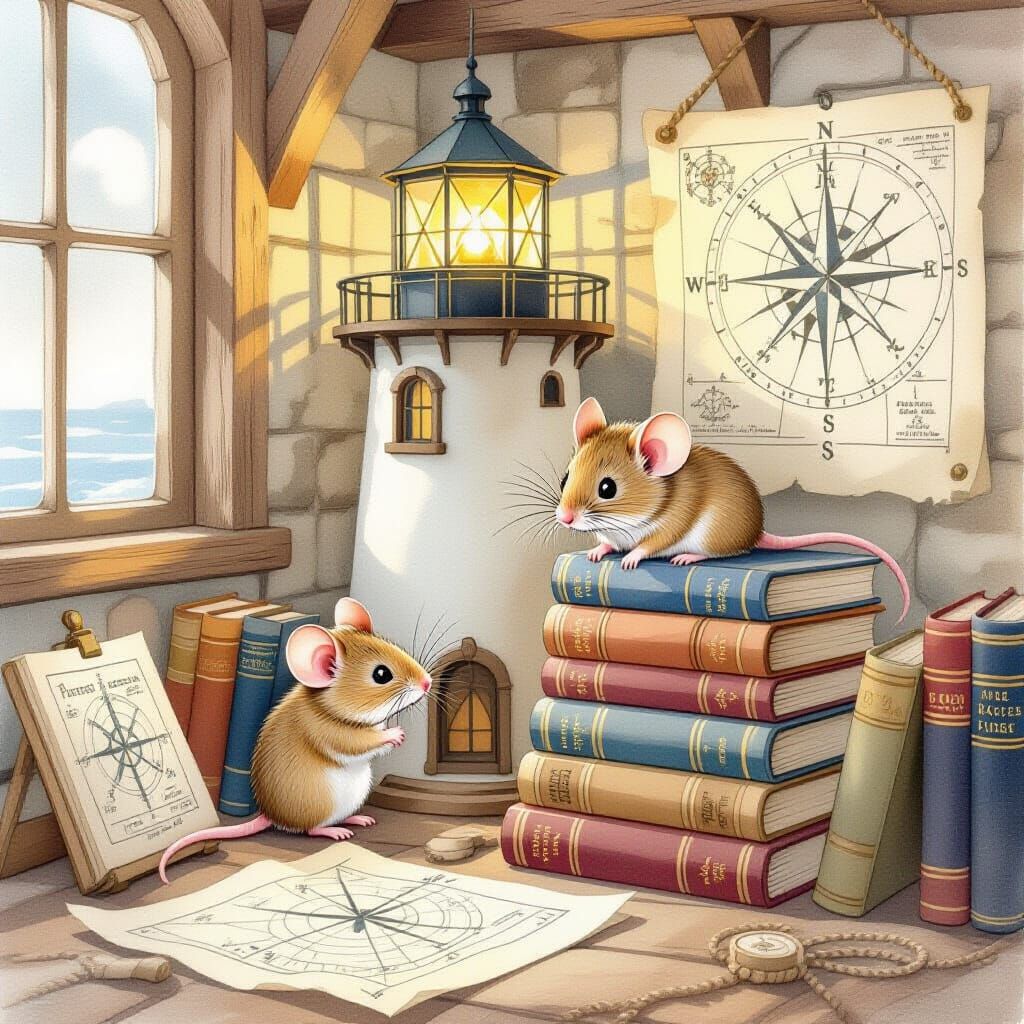 Cozy Lighthouse Interior with Shy Mouse in Watercolor Style