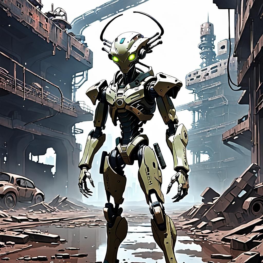 Anime Alien Cyborg in Ruined Sci-Fi Landscape
