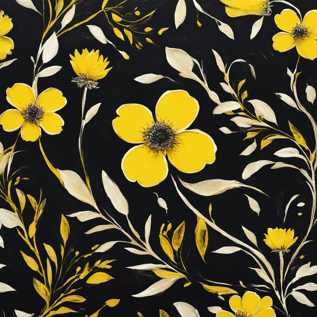 Dark Yellow Floral Concept Art in Mixed Media
