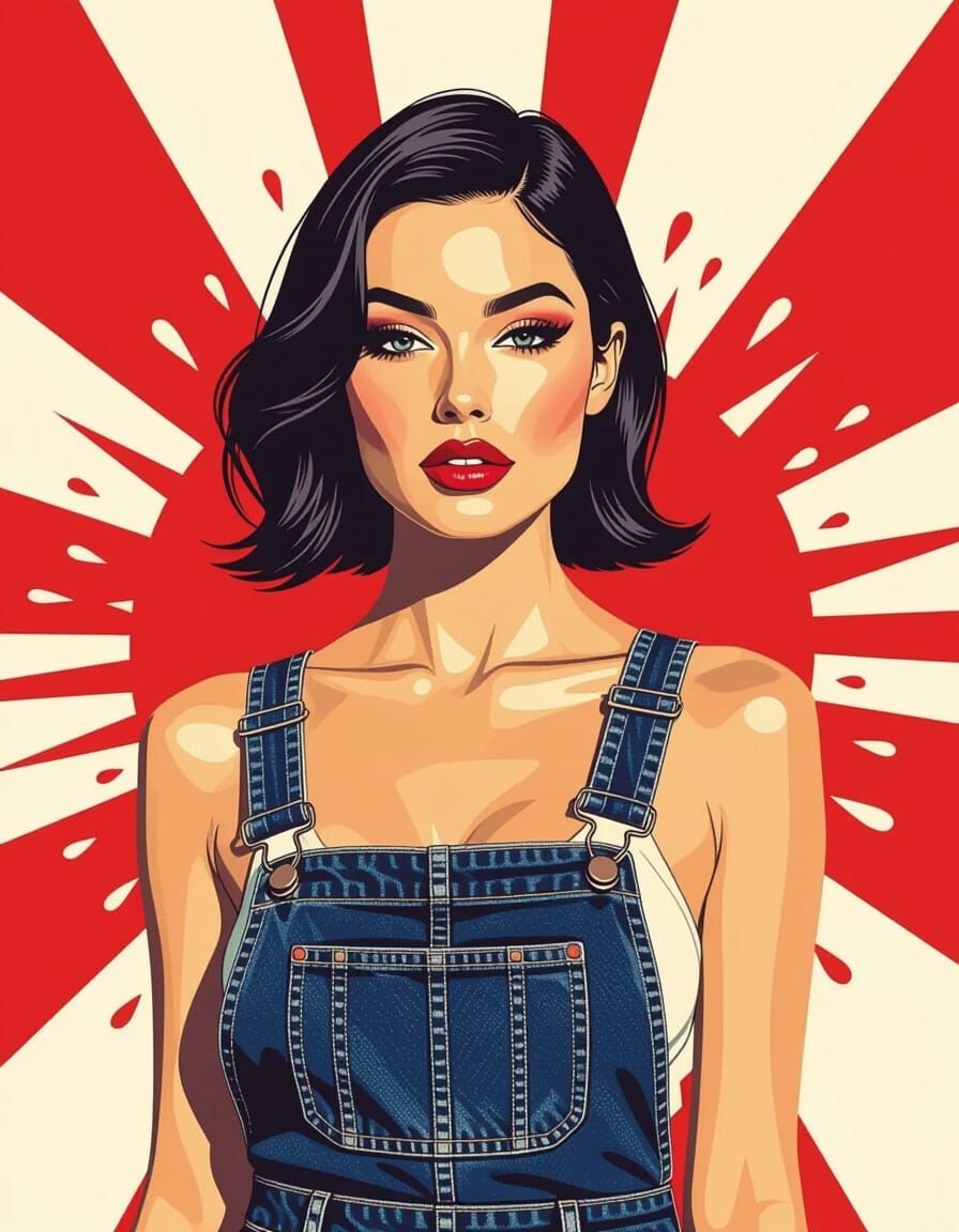Pop Art Portrait of Woman in Denim Overalls