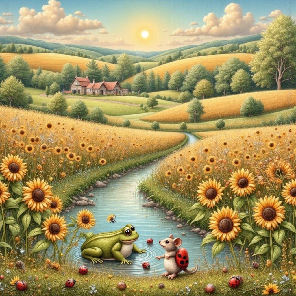 Frog, Mouse, and Ladybug in Pond, Watercolor Style