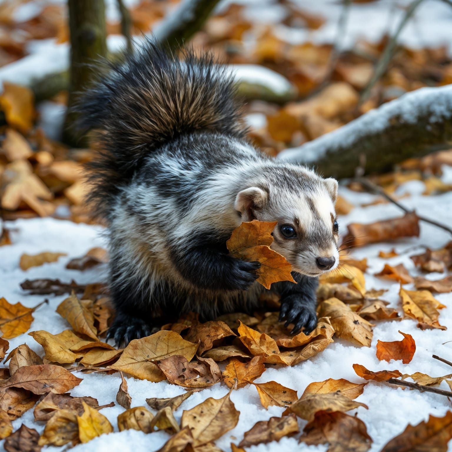 Fantasy Hybrid Creature Hoarding Leaves in Snowy Autumn Fore...
